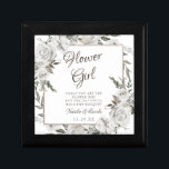 Vintage Cherish Flower Girl Quote Personalized Gift Box<br><div class="desc">Vintage Cherish White Floral & Rose Gold Painted Roses and Flowers. A Vintage Classic and Elegant Look, and Plenty of Grey, Ivory White, Rose Gold, Dusty Pink, Pine Green, and Grey leaves and foliage. With Hand Painted Floral elements, Vintage Classic Script Fonts, and Elegant Rose Gold Glitter Foil Geometric Square...</div>