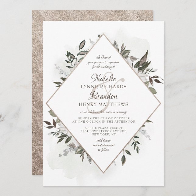 Vintage Cherish Rose Gold Diamond Frame Wedding Invitation (Front/Back)