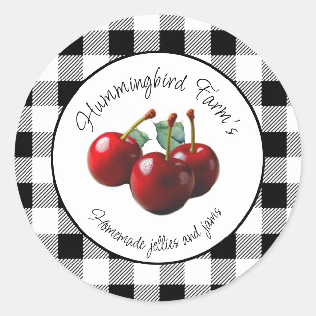 Vintage Cherries black white gingham Classic Round Sticker (Front)