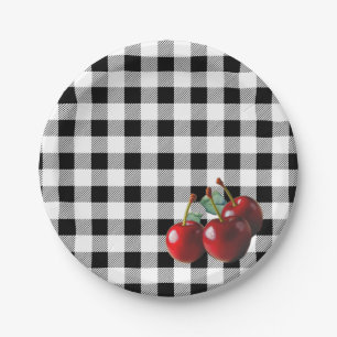 Vintage Cherries black white gingham Paper Plate
