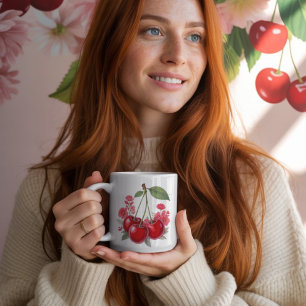 Vintage cherries with pink flowers, floral fruit coffee mug