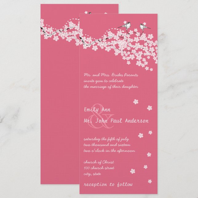 Vintage Cherry Blossom Chickadee  Damask Wedding Invitation (Front/Back)