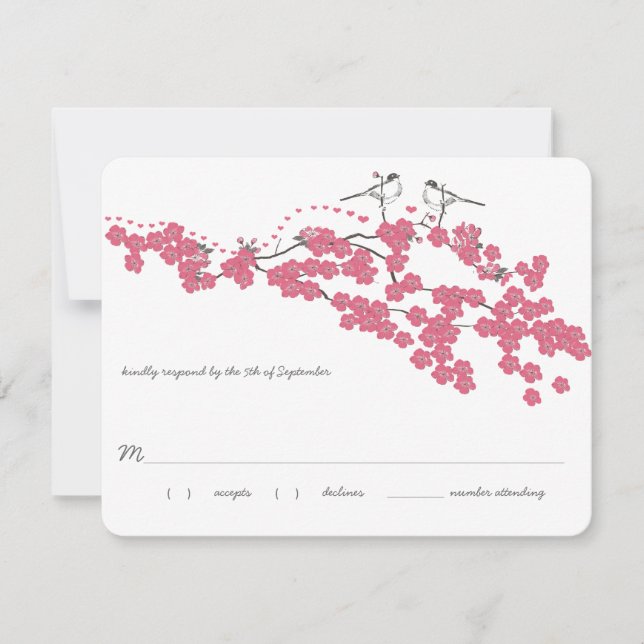 Vintage Cherry Blossom Chickadee Wedding RSVP Card (Front)