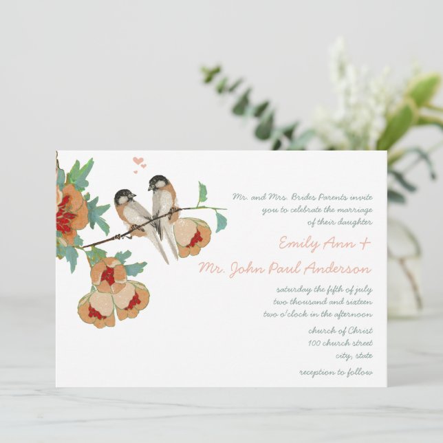 Vintage Cherry Blossom Love BIrd Peach Mint Invitation (Standing Front)