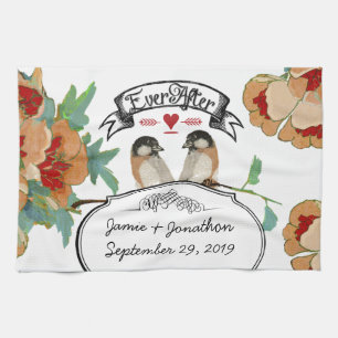 Vintage Cherry Blossom Love Bird Peach Mint Kitchen Towel