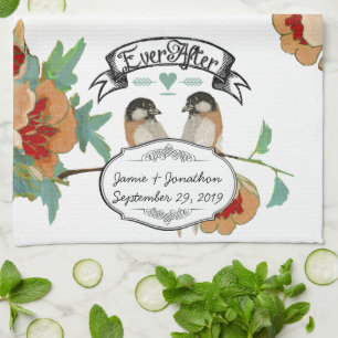 Vintage Cherry Blossom Love Bird Peach Mint Kitchen Towel