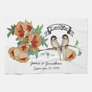 Vintage Cherry Blossom Love Bird Peach Mint Kitchen Towel