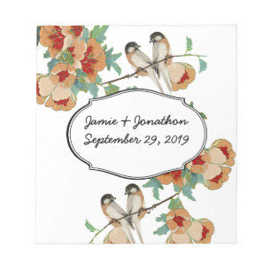 Vintage Cherry Blossom Love Bird Peach Mint Notepad