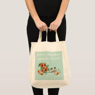 Vintage Cherry Blossom Love Bird Peach Mint Tote Bag