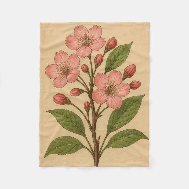 Vintage Cherry Blossom on Weathered Paper Fleece Blanket (Front)