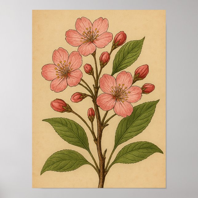 Vintage Cherry Blossom on Weathered Paper Poster (Front)