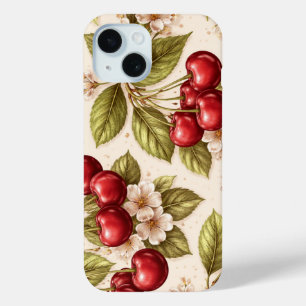 Vintage Cherry Blossom Pattern Red Cherries iPhone 15 Case