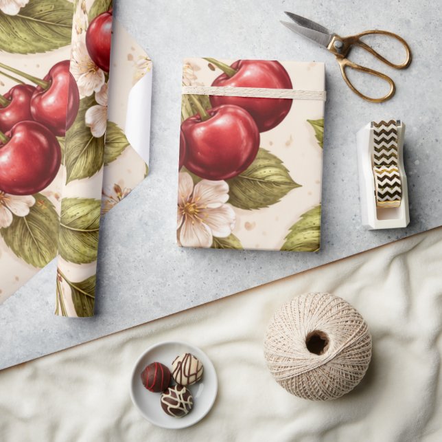 Vintage Cherry Blossom Pattern Red Cherries  Wrapping Paper (Crafts)