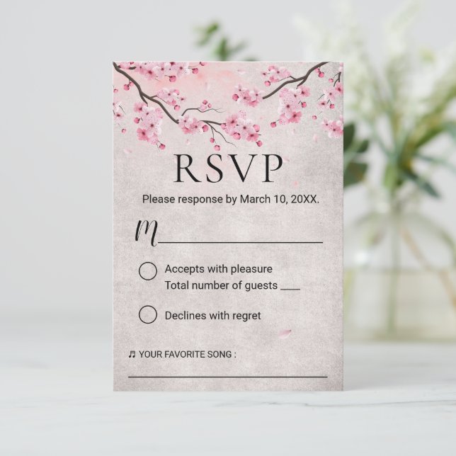Vintage Cherry Blossom Spring Wedding RSVP Card (Standing Front)