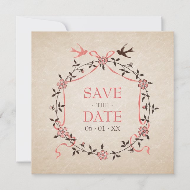 Vintage Cherry Blossom Swallows Save the Date card (Front)