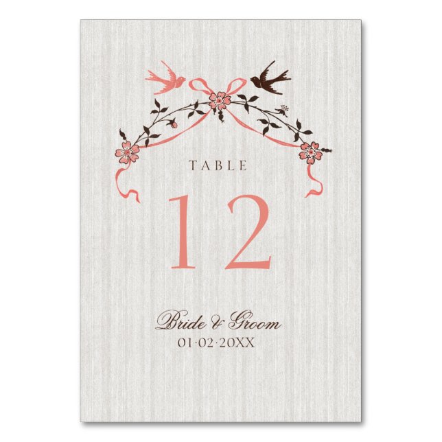 Vintage Cherry Blossom Swallows Wedding Table Card (Front)