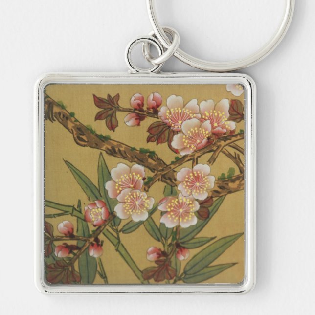 Vintage Cherry Blossoms Asian Japanese Flowers Keychain (Front)