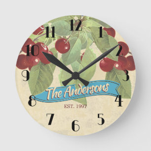 Vintage cherry cherries personalized kitchen round clock