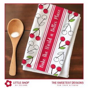 Vintage Cherry Red Stripe Customizable Kitchen Towel