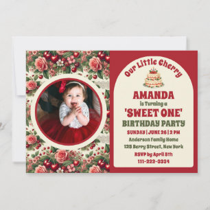 Vintage Cherry 'Sweet One' 1st Birthday Photo Invitation