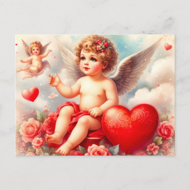 Vintage Cherub Angel with Pink Roses  Postcard (Front)