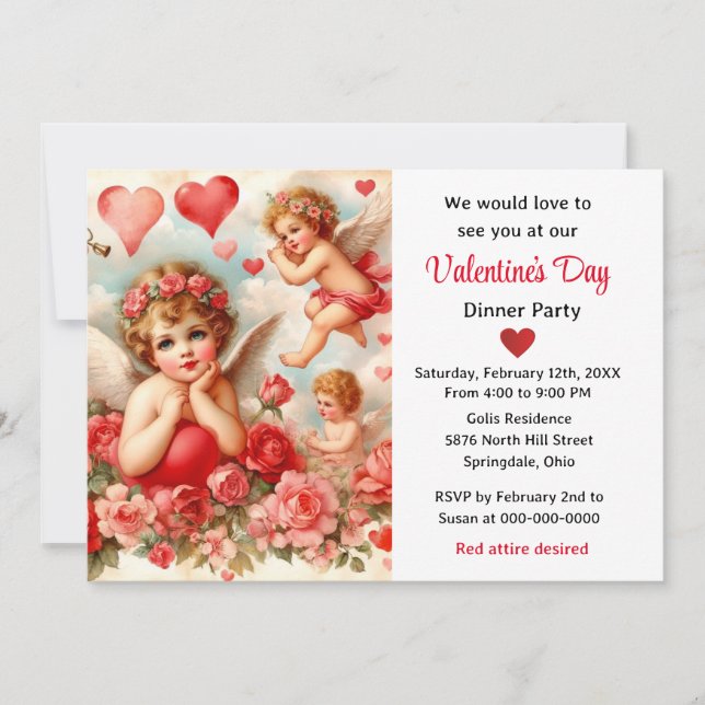 Vintage Cherub Angels and Hearts Valentines Day Invitation (Front)