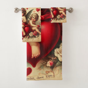 Vintage Cherub Angels and Red Hearts  Bath Towel Set