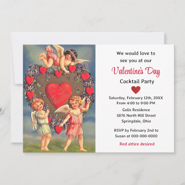 Vintage Cherub Angels Red Hearts Valentine's Day Invitation (Front)
