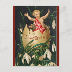 Vintage Cherub Baby in Egg Happy New Year Postcard