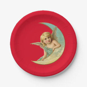 Vintage Cherub in Crescent Moon Paper Plate
