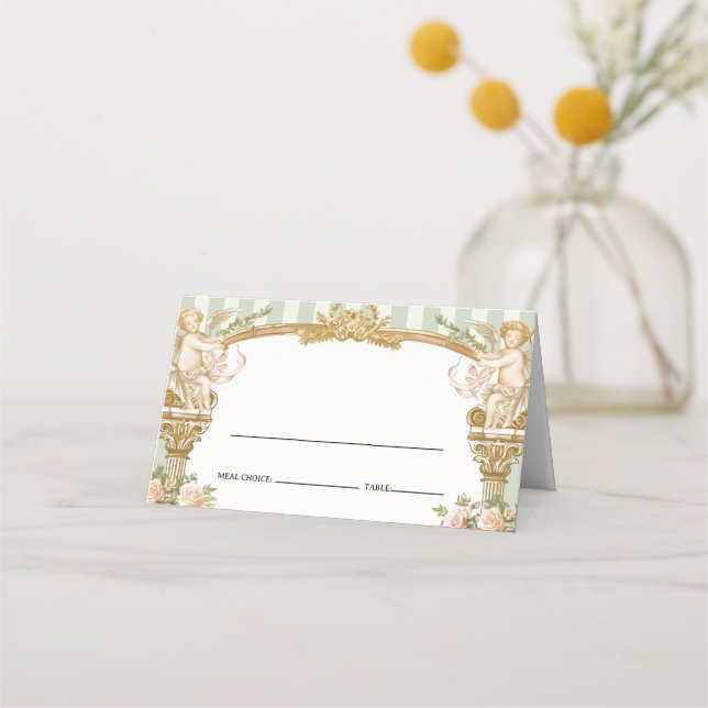 Vintage Cherub Place Card with Sage Stripes  (Front)