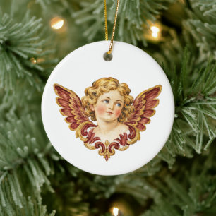Vintage Cherub Portrait with Red Wings Ceramic Ornament