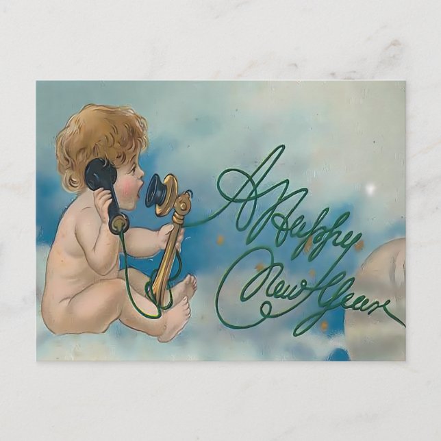 Vintage Cherub Telephone Call | Happy New Year Postcard (Front)