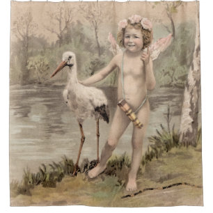 Vintage Cherub with Stork by Lake