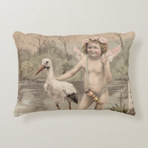 Vintage Cherub with Stork by Lake Accent Pillow