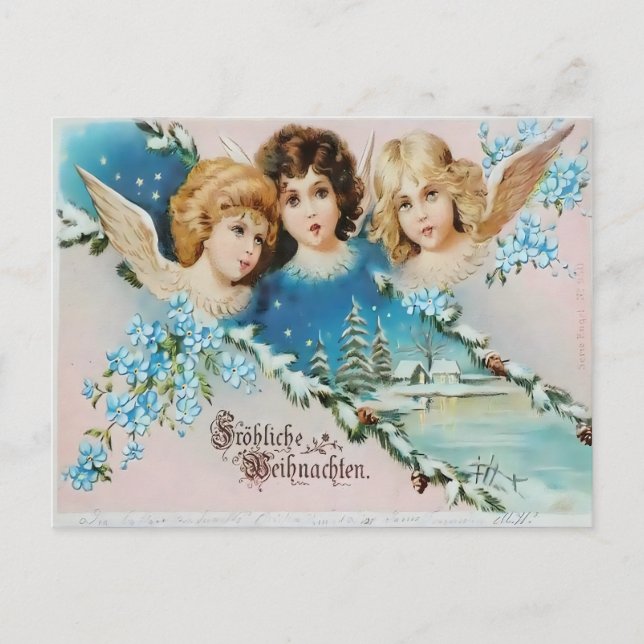 Vintage Cherubs on Snowy Roof Postcard (Front)