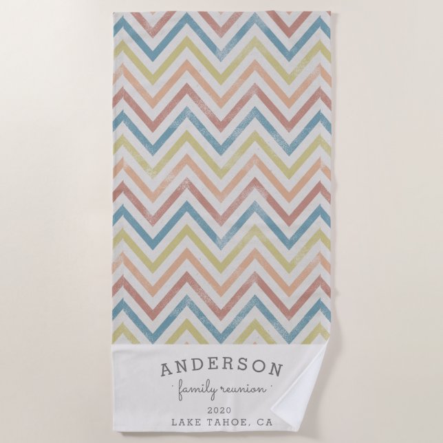 Vintage chevron family reunion personalized beach towel (Front)