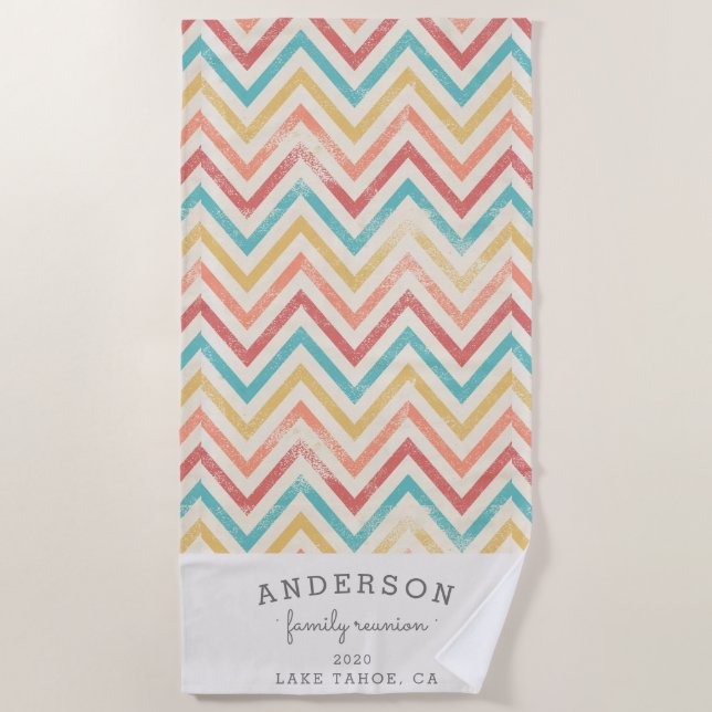 Vintage chevron family reunion personalized beach towel (Front)