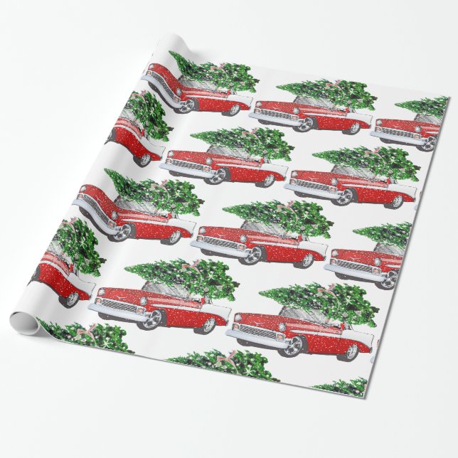 Vintage Chevy with Christmas Tree Wrapping Paper (Unrolled)