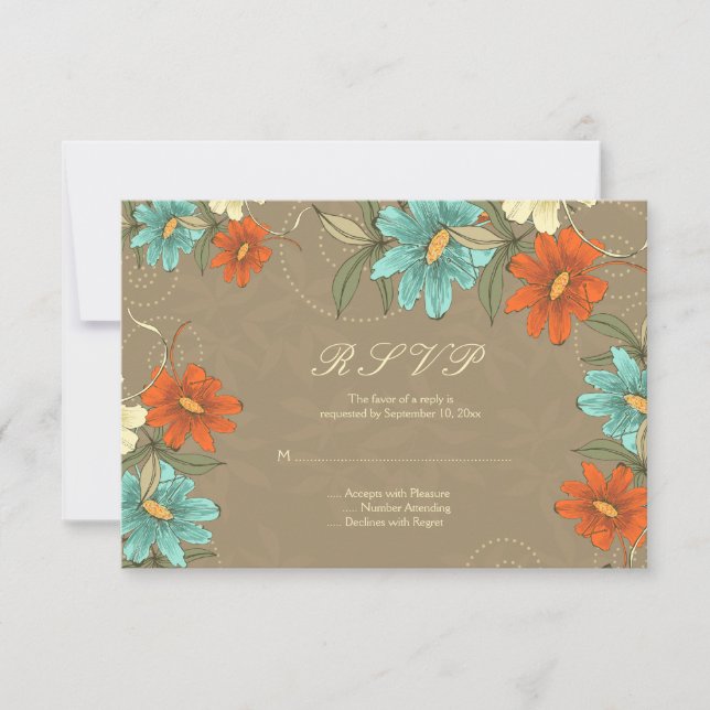 Vintage chic aqua crème orange mariage carte RSVP (Devant)