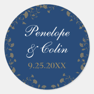 Vintage Chic Blue Gold Floral Name Date Classic Round Sticker