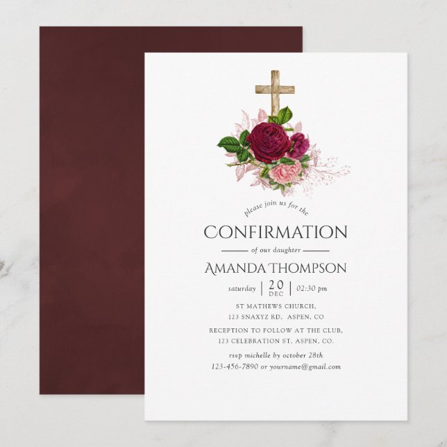 Vintage Chic Blush and Burgundy Confirmation Invitation (Front/Back)