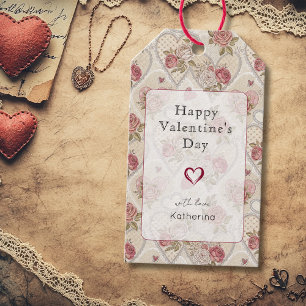 Vintage Chic Burgundy Rose Happy Valentines Day Gift Tags