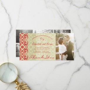 Vintage Chic Damask Lace Red & Taupe Photo Wedding Thank You Card