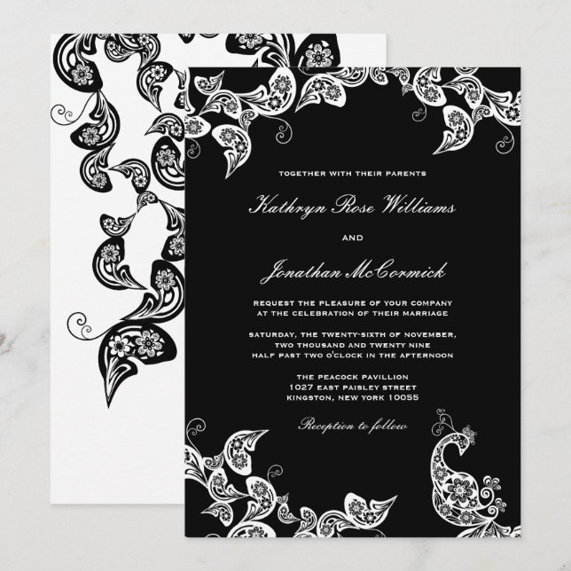 Vintage Chic Floral White Peacock Wedding Invite (Front/Back)