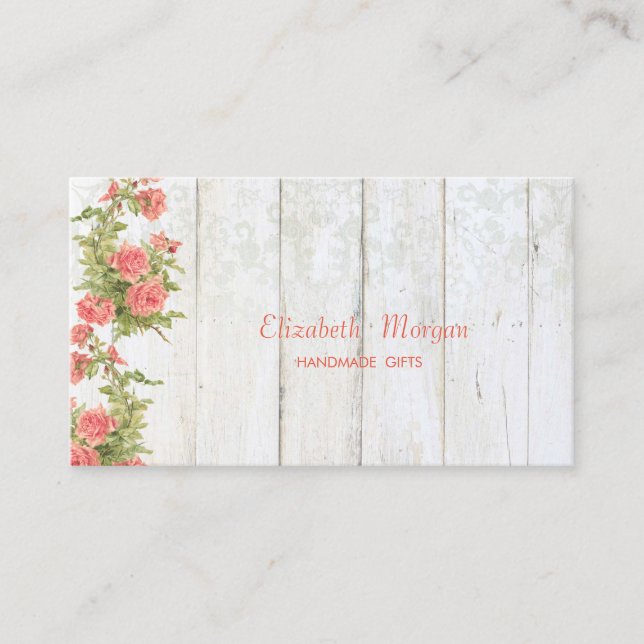 Vintage Chic Flowers,Lace ,Wood Texture Business Card (Front)