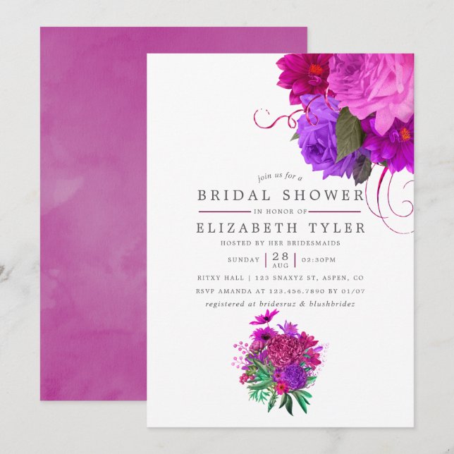 Vintage Chic Fuchsia and Purple Bridal Shower Invitation (Front/Back)