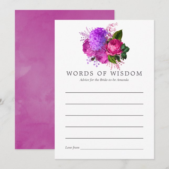 Vintage Chic Fuchsia & Purple Bridal Shower Advice Invitation (Front/Back)