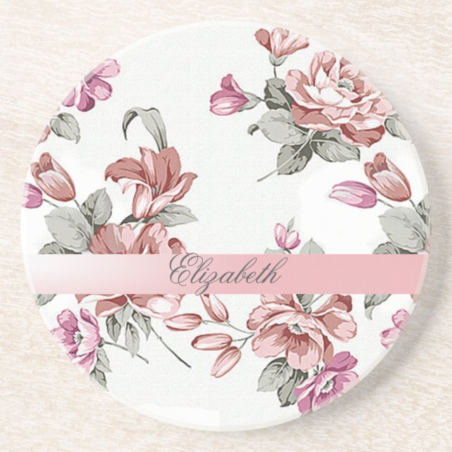 Vintage Chic Girly  Flowers-Personalized Coaster (Front)