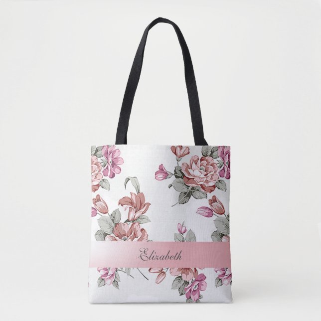 Vintage Chic Girly  Flowers-Personalized Tote Bag (Front)